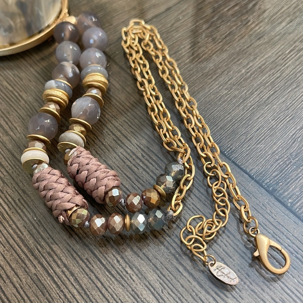 Matte Gold-tone Chain Grey Beads and Large Medallion - Picture 6 of 16